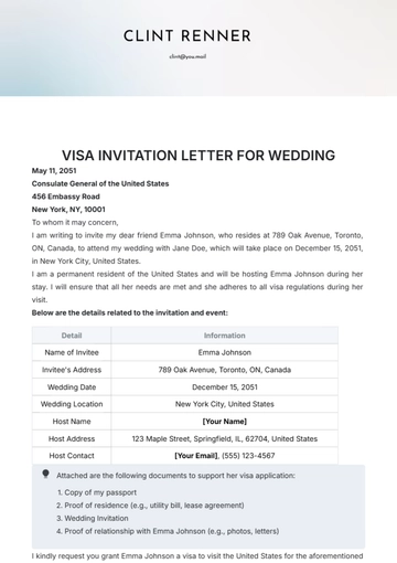 Free Visa Invitation Letter for Wedding Template to Edit Online