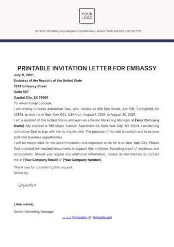 Free Printable Invitation Letter for Embassy Template to Edit Online