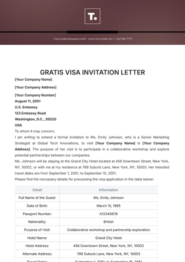 Free Gratis Visa Invitation Letter Template to Edit Online