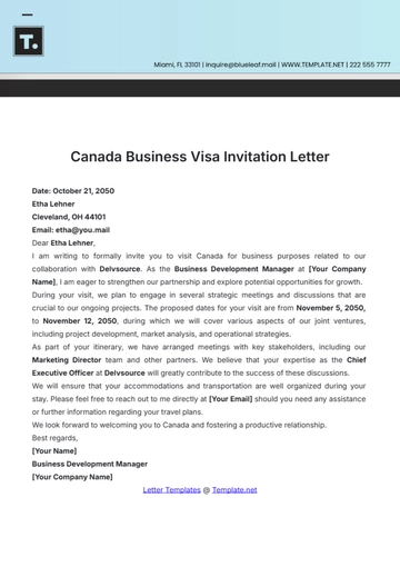 Free Canada Business Visa Invitation Letter Template to Edit Online