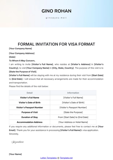 Free Formal Invitation for Visa Format Template to Edit Online
