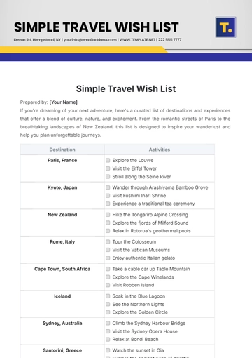 Free Simple Travel Wish List Template to Edit Online