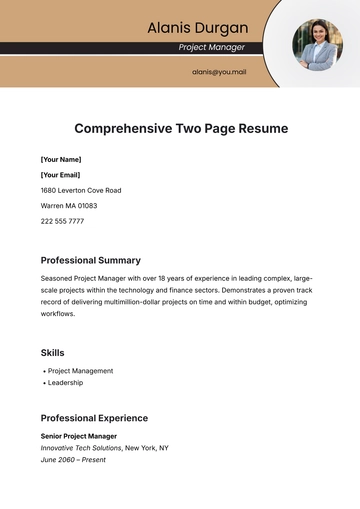 Free Comprehensive Two-Page Resume Template to Edit Online