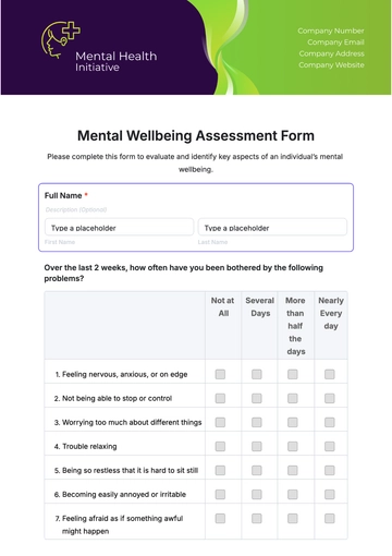 Free Mental Wellbeing Assessment Form Template to Edit Online