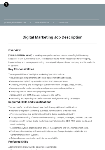 Free Digital Marketing Job Description Template to Edit Online