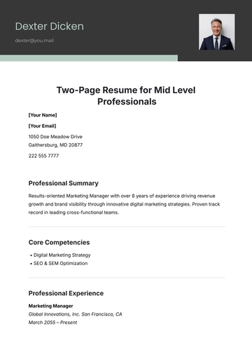 Free Two-Page Resume for Mid-Level Professionals Template to Edit Online
