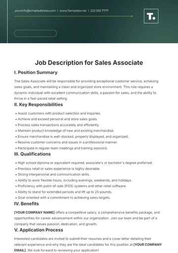 Free Job Description for Sales Associate Template to Edit Online