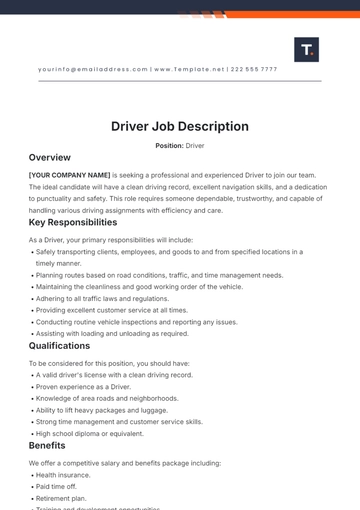 Free Driver Job Description Template to Edit Online