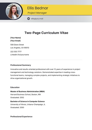 Free Two-Page Curriculum Vitae Template to Edit Online
