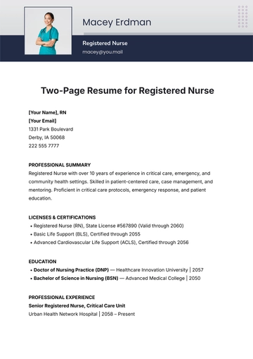 Free Two-Page Resume for Registered Nurse Template to Edit Online