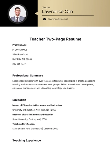 Free Teacher Two-Page Resume Template to Edit Online