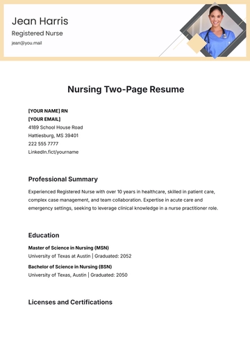 Free Nursing Two-Page Resume Template to Edit Online