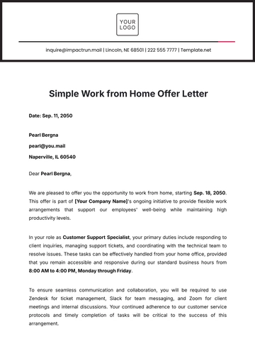 Free Simple Work from Home Offer Letter Template to Edit Online