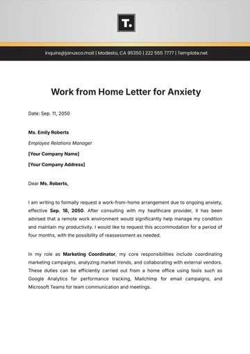Free Work from Home Letter for Anxiety Template to Edit Online