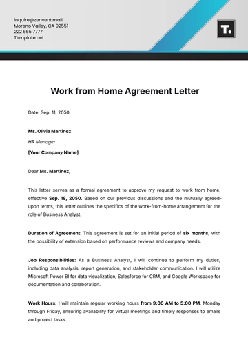 Free Work from Home Agreement Letter Template to Edit Online