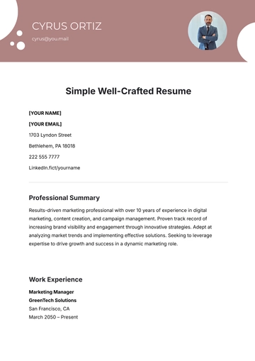 Free Simple Well-Crafted Resume Template to Edit Online