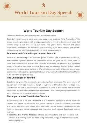 Free World Tourism Day Speech Template to Edit Online