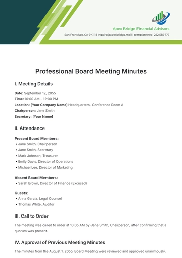 Free Professional Board Meeting Minutes Template to Edit Online