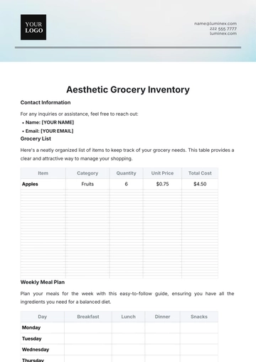 Free Aesthetic Grocery Inventory Template to Edit Online