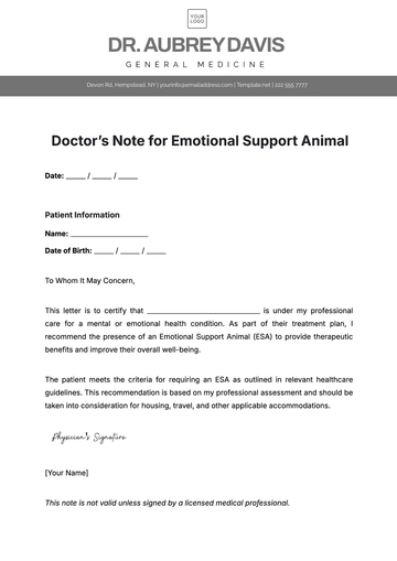 Free Doctors Note for Emotional Support Animal Template to Edit Online | Template.net