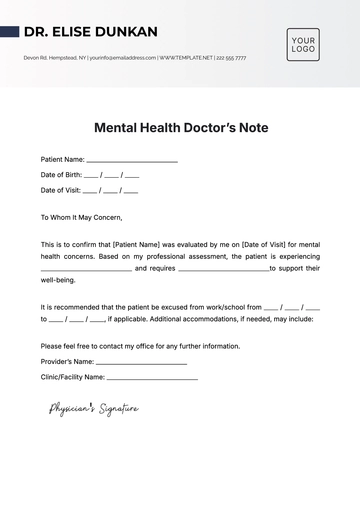 Free Mental Health Doctor???s Note Template to Edit Online | Template.net