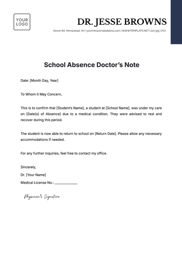 Free School Absence Doctors Note Template to Edit Online | Template.net