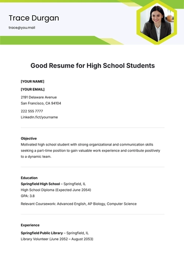 Free Good Resume Template for High School Students to Edit Online
