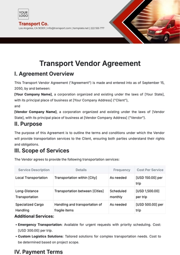 Free Transport Vendor Agreement Template to Edit Online