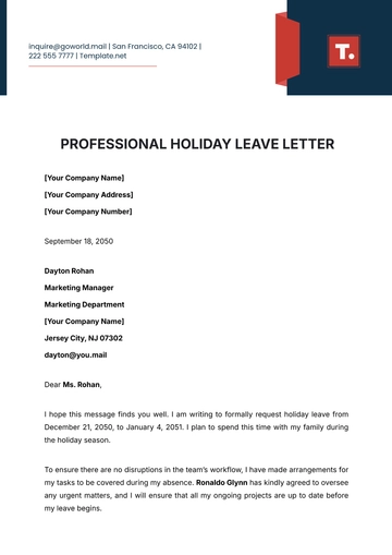 Free Professional Holiday Leave Letter Template to Edit Online