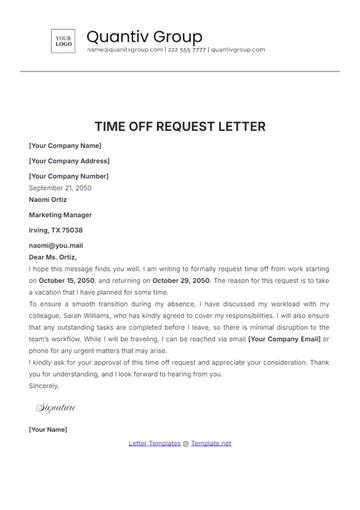 Free Time Off Request Letter Template to Edit Online