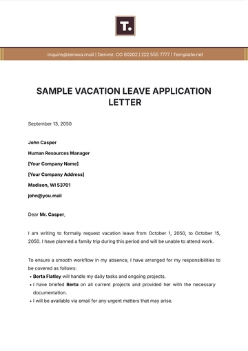 Free Sample Vacation Leave Application Letter Template to Edit Online