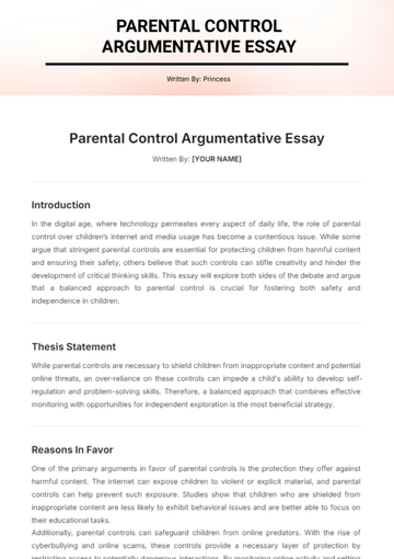 Free Parental Control Argumentative Essay Template to Edit Online