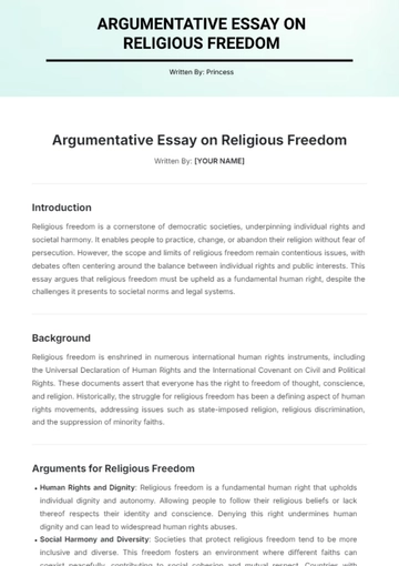 Free Argumentative Essay on Religious Freedom Template to Edit Online