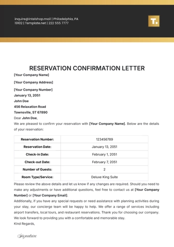Free Reservation Confirmation Letter Template to Edit Online