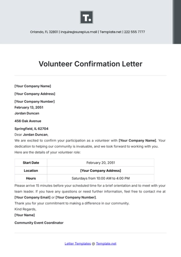 Free Volunteer Confirmation Letter Template to Edit Online