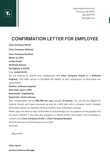 Free Confirmation Letter for Employee Template to Edit Online
