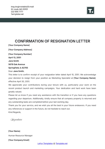 Free Confirmation of Resignation Letter Template to Edit Online
