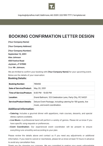 Free Booking Confirmation Letter Design Template to Edit Online