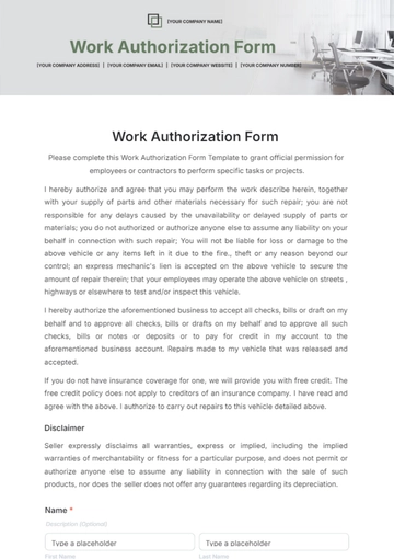 Free Work Authorization Form Template to Edit Online
