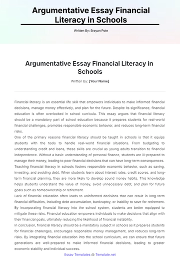 Free Argumentative Essay Financial Literacy in Schools Template to Edit Online