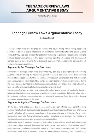 Free Teenage Curfew Laws Argumentative Essay Template to Edit Online