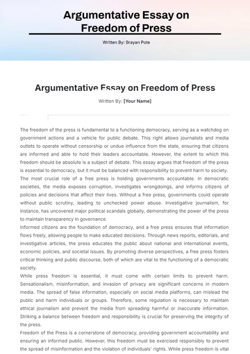 Free Argumentative Essay on Freedom of Press Template to Edit Online