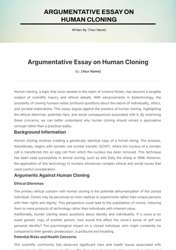 Free Argumentative Essay  on Human Cloning Template to Edit Online