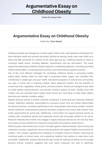 Free Argumentative Essay on Childhood Obesity Template to Edit Online
