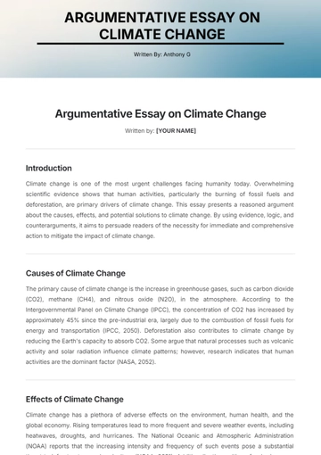 Free Argumentative Essay on Climate Change Template to Edit Online