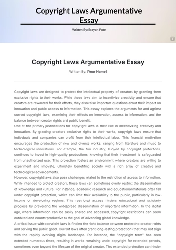 Free Copyright Laws Argumentative Essay Template to Edit Online