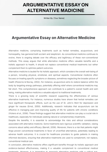 Free Argumentative Essay on Alternative Medicine Template to Edit Online