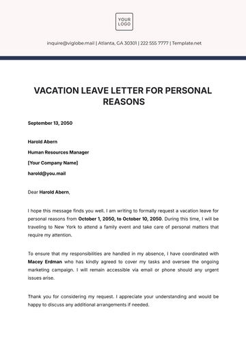 Free Vacation Leave Letter for Personal Reasons Template to Edit Online