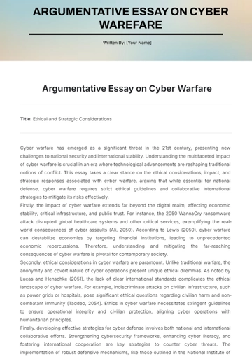 Free Argumentative Essay on Cyber Warfare Template to Edit Online