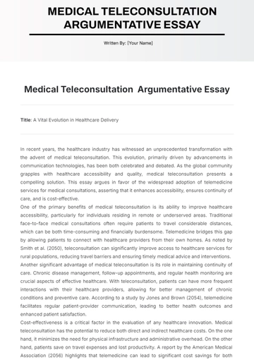 Free Medical Teleconsultation  Argumentative Essay Template to Edit Online